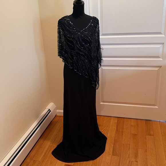 J Kara Black  Evening Dress with asymmetrical beaded overlay.new, never hemmed - Picture 6 of 16